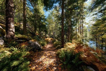 Obraz premium Sunlight filters through a dense forest path