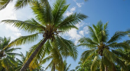 Low Angle View of Lush Green Palm Trees Against a Bright Blue Sky