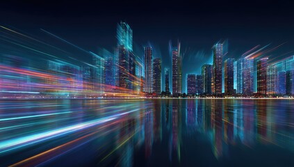 Futuristic city skyline at night with vibrant light trails