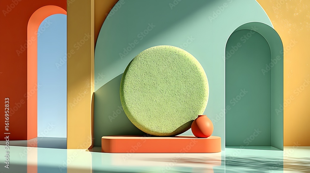 Poster colorful geometric display platform with a round object and small vase.