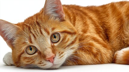 A tabby cat with orange fur and amber eyes is lying down, looking at the camera