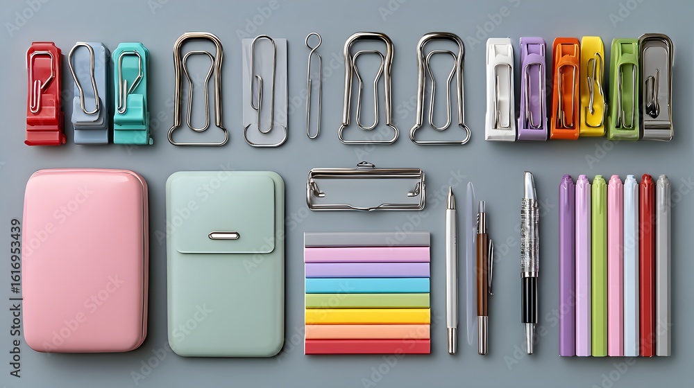 Poster assorted colorful stationery items arranged on a gray background.