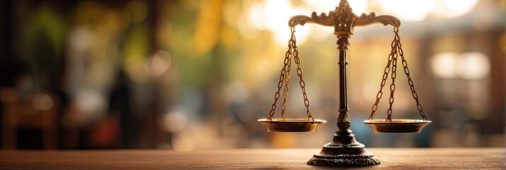 Ornate golden scales of justice on a wooden table