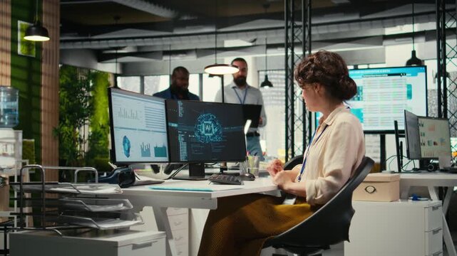 Cheerful businesswoman being proud of good infographics with AI tools, using artificial intelligence for optimization and goals achievement in a multinational company. Neural networks. Camera A.