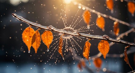 Freezing autumnal branch with orange leaves and suspended water droplets display