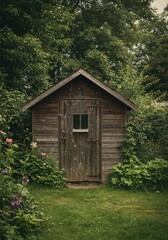 Rustic Wooden Shed in Lush Garden