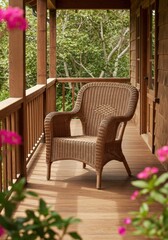 Obraz premium Wicker Chair on a Wooden Porch with Flowers