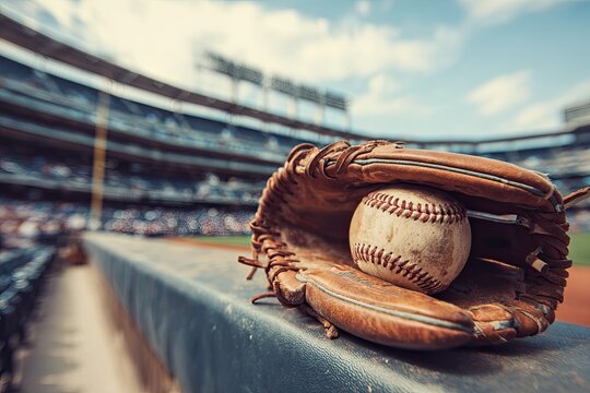 Baseball glove and ball on stadium railing
