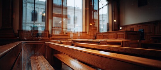 Obraz premium Wooden benches in a courtroom or large hall