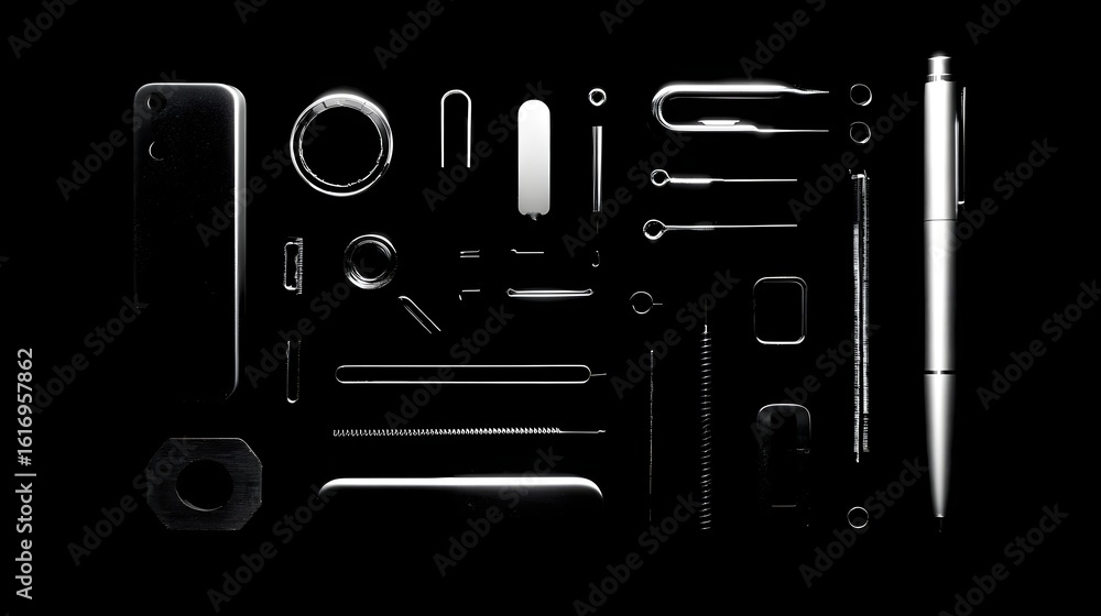 Poster metallic objects arranged on a dark background.
