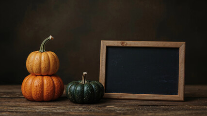 Vintage Halloween and thanksgiving background, stack of ripe orange green pumpkins and blank black chalkboard on rustic wooden tabletop, greeting card, marketing banner template, copy text space