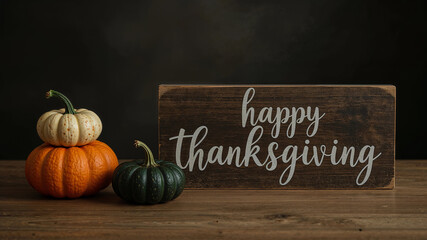 Rustic autumnal composition of orange white green pumpkins and wooden "happy Thanksgiving" sign on vintage tabletop, greeting card design or fall promotion marketing banner template, copy text space