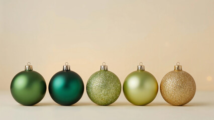 Christmas and new year row of green and golden hued bauble ornaments set on beige background with copy text space, Xmas greeting card or promotions banner template