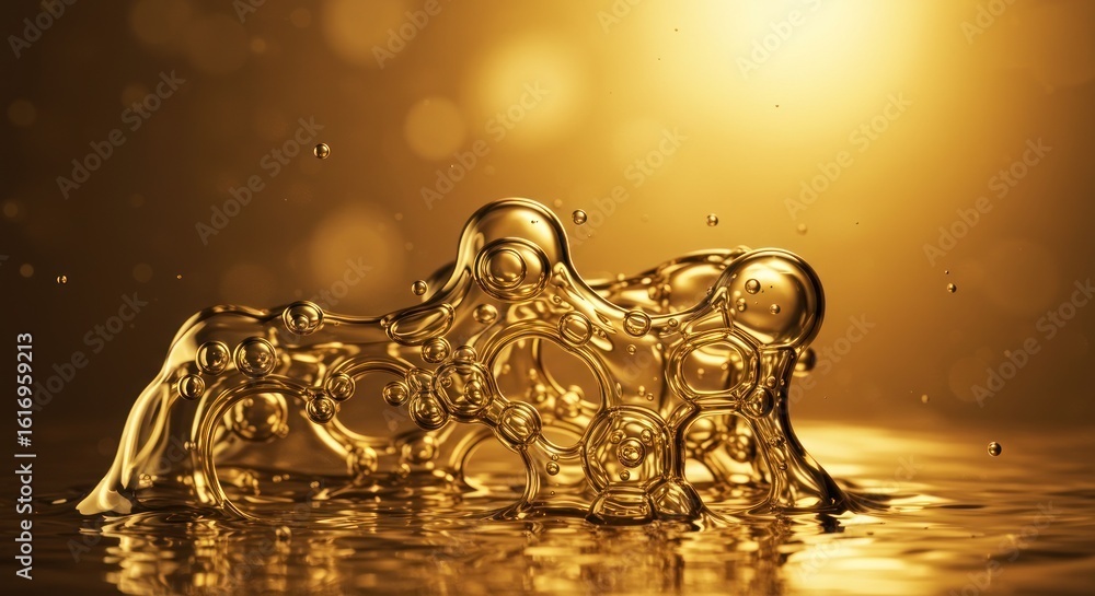 Poster golden fluid splash with bubbles illuminated under warm light creating a sophisticated abstract
