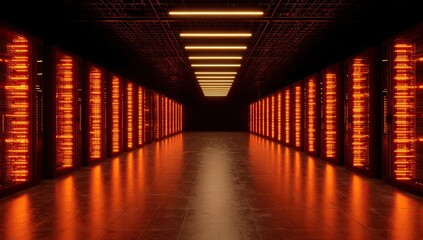 Dark server room, glowing orange