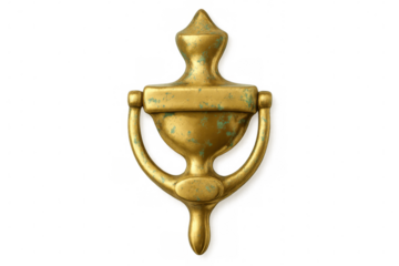 Antique golden door knocker displaying signs of age and wear, isolated against a transparent background, highlighting its vintage charm