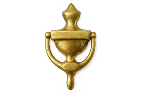 Antique golden door knocker displaying signs of age and wear, isolated against a transparent background, highlighting its vintage charm