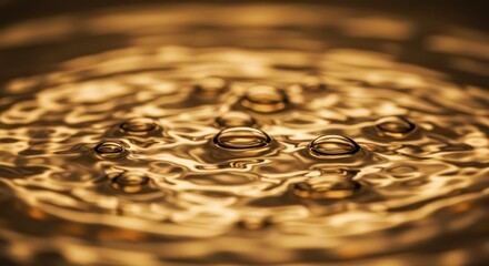 Golden surface tension: Close-up of liquid with droplets and rippled reflections, showcasing