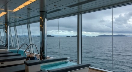 Serene cruise ship spa retreat with ocean views and calming turquoise whirlpools