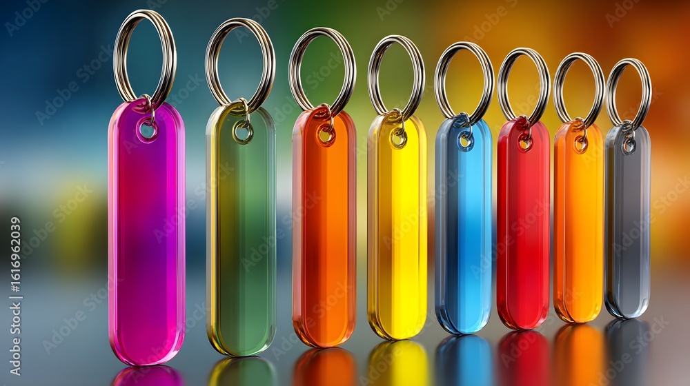 Poster colorful keychains in various hues displayed in a row.