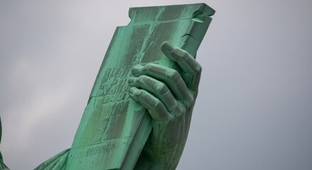 Patinated bronze hand monumentally grasps inscribed stone tablet against cloudy sky