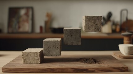 Abstract composition of levitating cubes on a wooden surface.