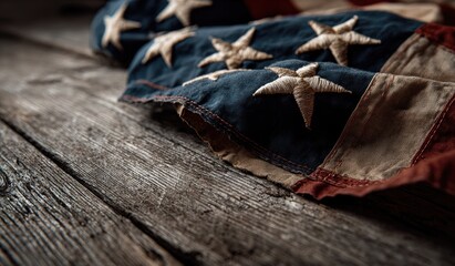 Worn American flag draped on weathered wooden planks