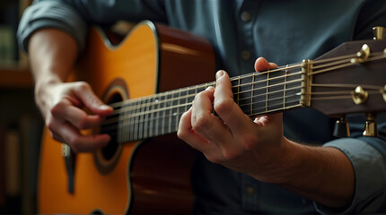 Obraz premium Close up view of man playing classical guitar