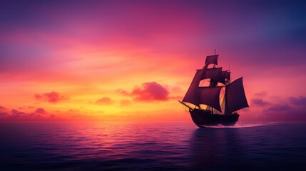 Fototapeta premium Majestic Sailing Ship in Vibrant Sunset Over Calm Waters