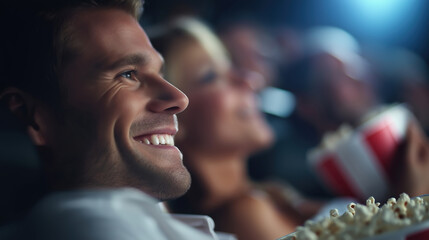 Couples enjoying a movie night with popcorn at a cozy theater