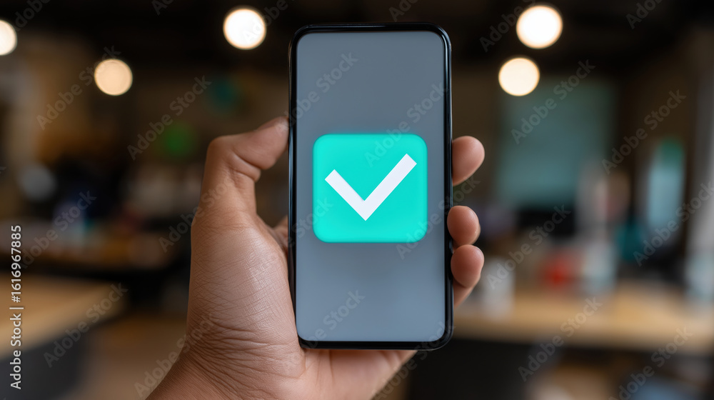 Poster hand holding a smartphone displaying a green checkmark symbol in an office setting