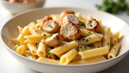 Penne pasta with browned chicken meatballs.