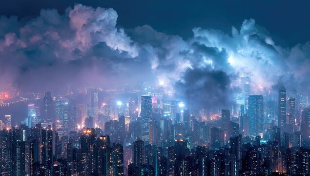Cityscape at night under dramatic clouds