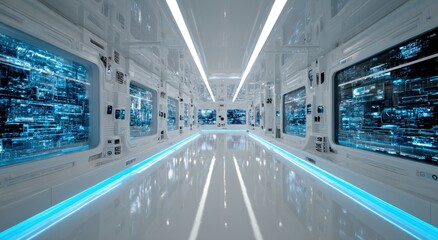 Futuristic white corridor with glowing blue accents and digital displays