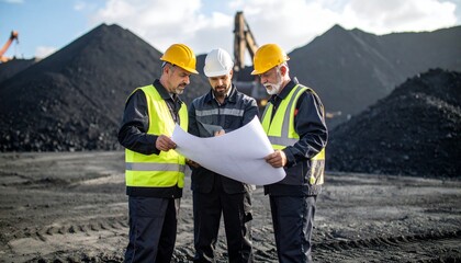 Multicultural team of engineers discussing blueprints for a sustainable energy transition at a modern power generation plant.
