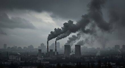 Thick smoke from industrial chimneys and cooling towers pollutes the urban skyline under a dark, overcast sky.