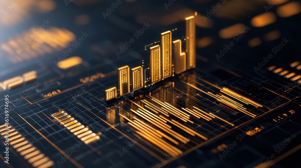 Aufkleber golden bar graphs on digital background for data analysis