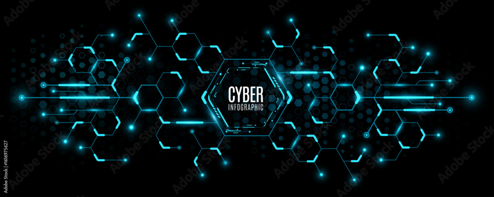 Poster hi-tech cyber diagram with glowing blue neon connected hexagons on a black background. infographic u