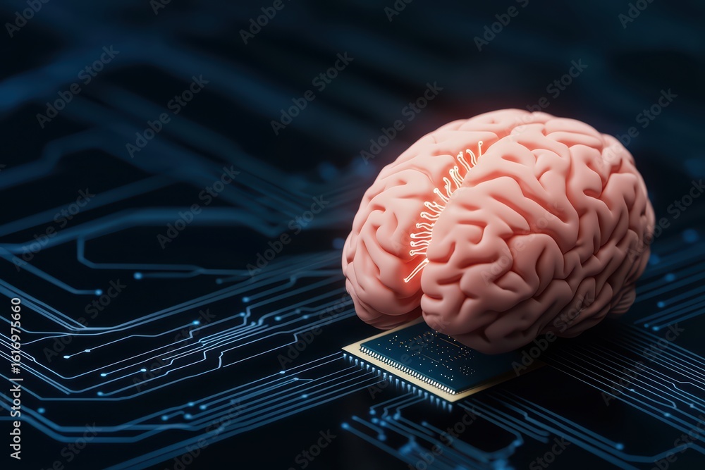 Poster brain and circuit board concept representing artificial intelligence
