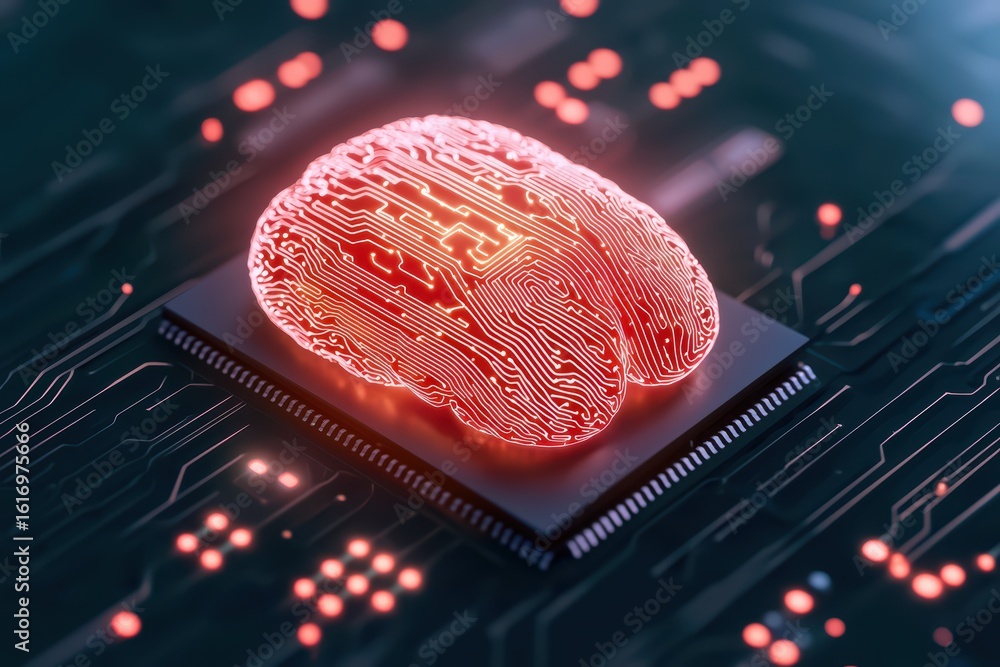 Poster brain on microchip with circuit patterns and neon glow