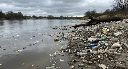 Riverbank choked with plastic waste and debris, illustrating severe environmental water pollution and ecological degradation under a cloudy sky.