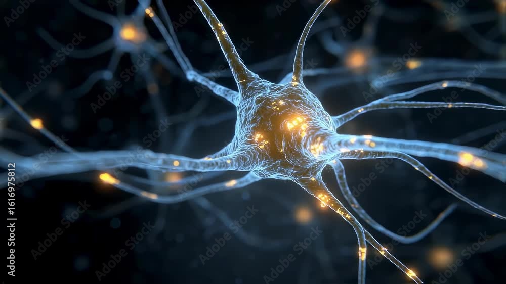 Poster abstract representation of central nervous system synapses with glowing serotonin molecules flickeri