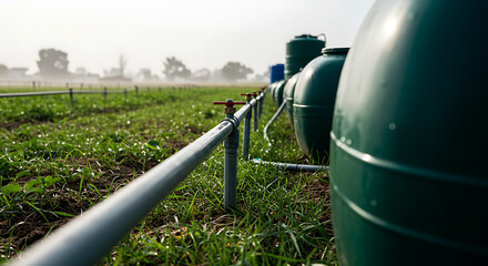 Modern Drip Irrigation System with Water Tanks in a Lush Green Agricultural Field