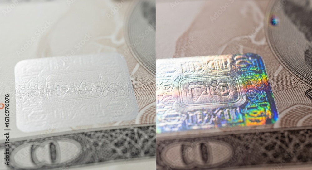 Poster sidebyside comparison of banknote surfaces before and after hologram embossing emphasizing the added