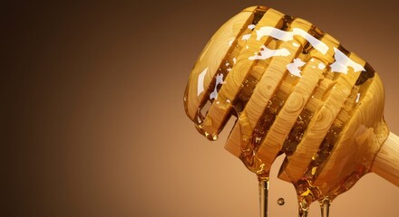 Delicious golden honey dripping from a wooden dipper with warm brown background