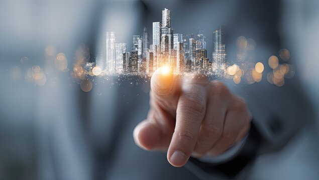 A hand points at a holographic city - Powered by Adobe