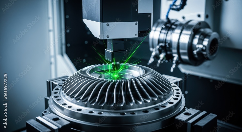 Poster laser measurement system inspecting the accuracy of a hydroelectric turbine part on a machining cent
