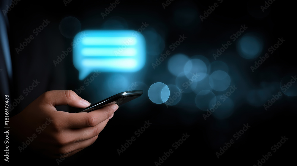 Poster person texting on smartphone in dark setting with glowing chat bubble in background
