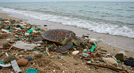 Marine turtle on trash-covered beach: a stark image of ocean plastic pollution crisis