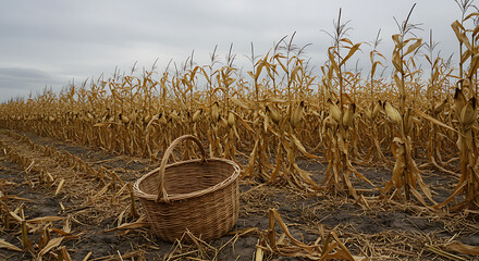 Autumn harvest: A rustic basket in a field of dry corn stalks under a cloudy sky, ready for gathering crops.
